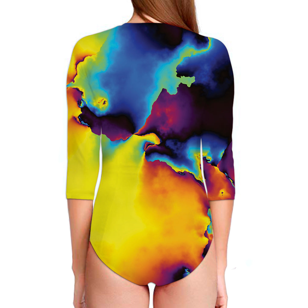 Psychedelic Acid Print Long Sleeve Swimsuit