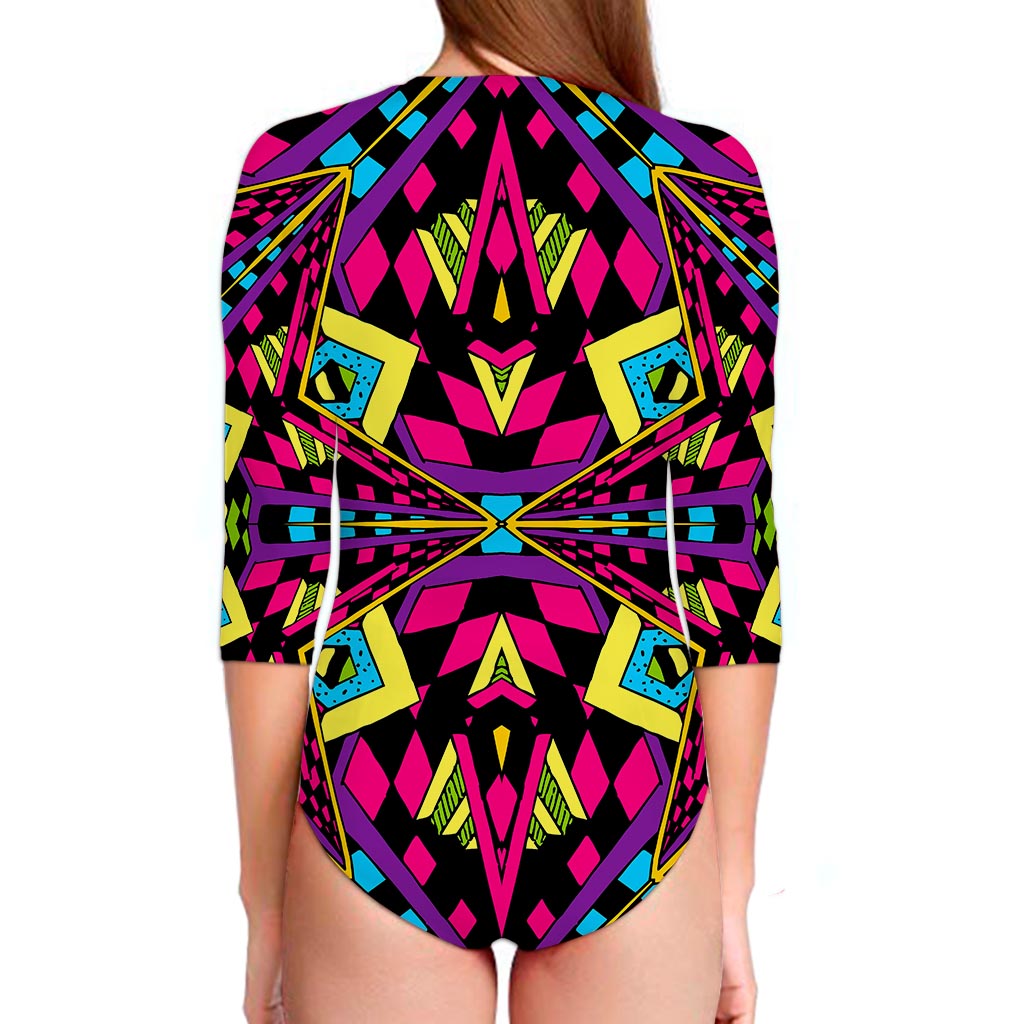 Psychedelic Ethnic Trippy Print Long Sleeve Swimsuit
