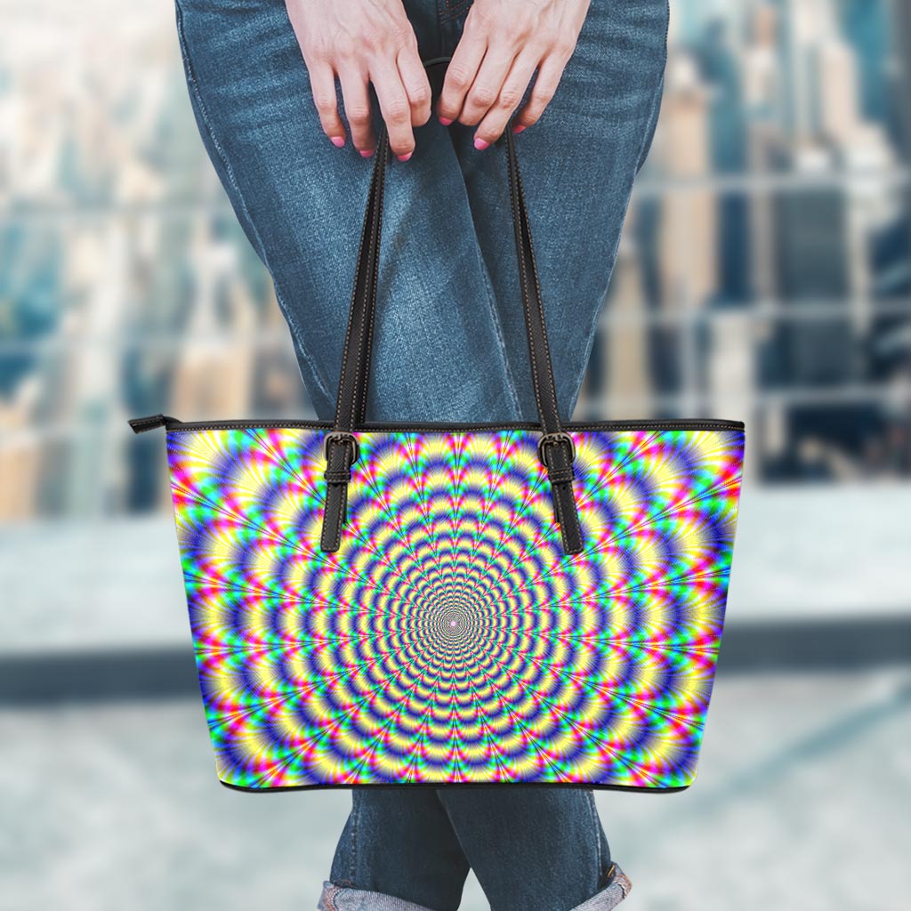 Psychedelic Explosion Optical Illusion Leather Tote Bag