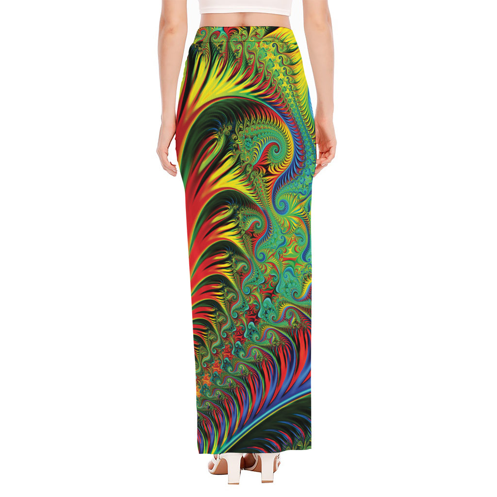 Psychedelic Fractal Print High Slit Maxi Skirt