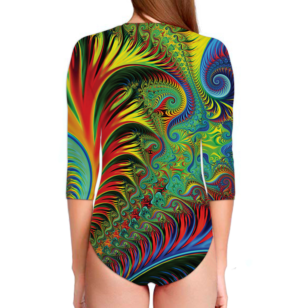 Psychedelic Fractal Print Long Sleeve Swimsuit
