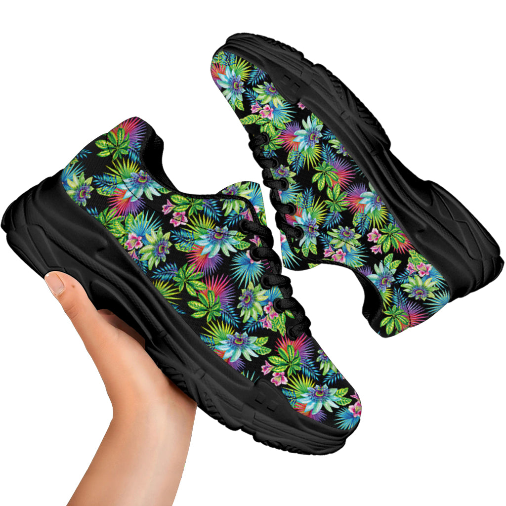 Psychedelic Hawaiian Flower Print Black Chunky Shoes