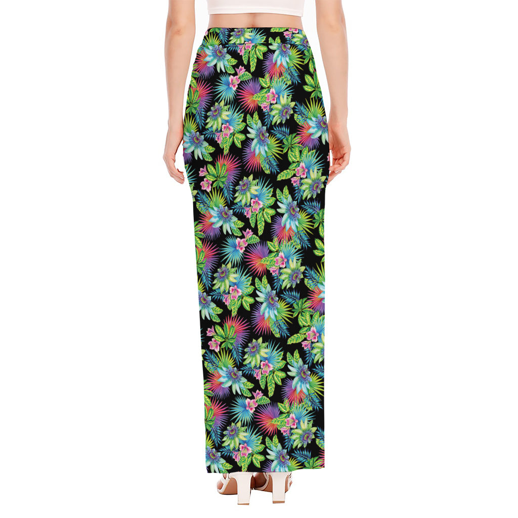 Psychedelic Hawaiian Flower Print High Slit Maxi Skirt