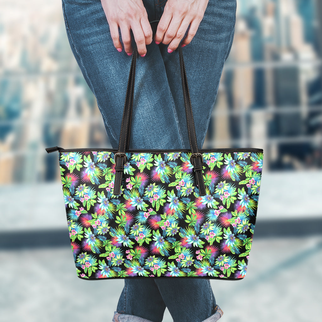 Psychedelic Hawaiian Flower Print Leather Tote Bag