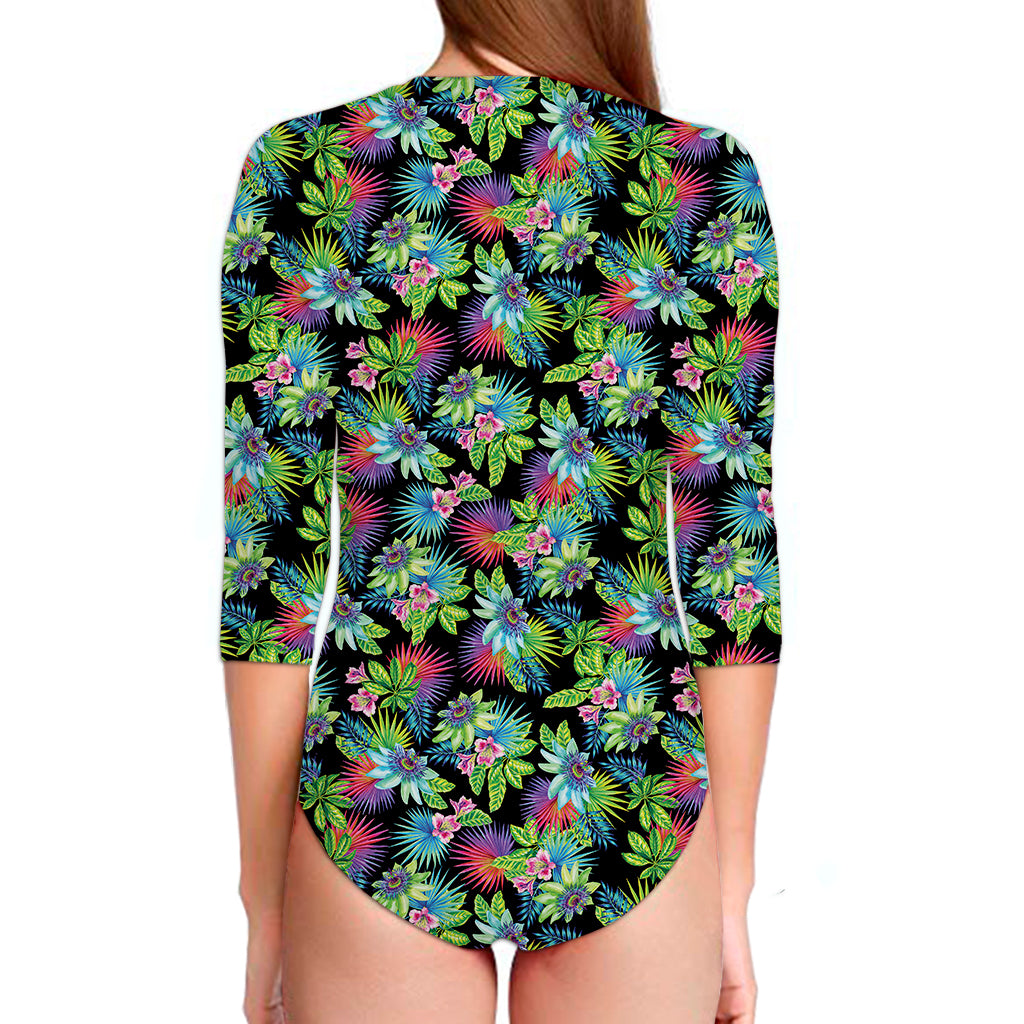 Psychedelic Hawaiian Flower Print Long Sleeve Swimsuit