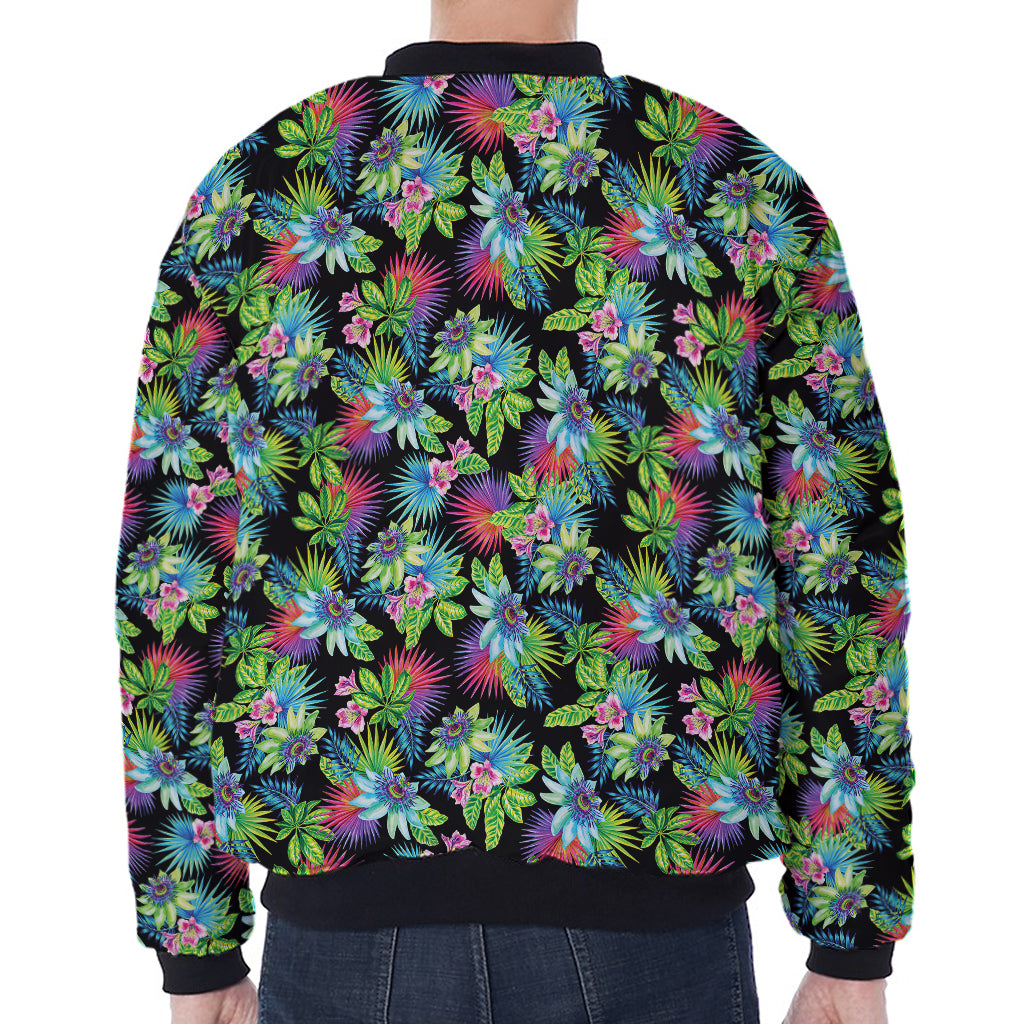 Psychedelic Hawaiian Flower Print Zip Sleeve Bomber Jacket
