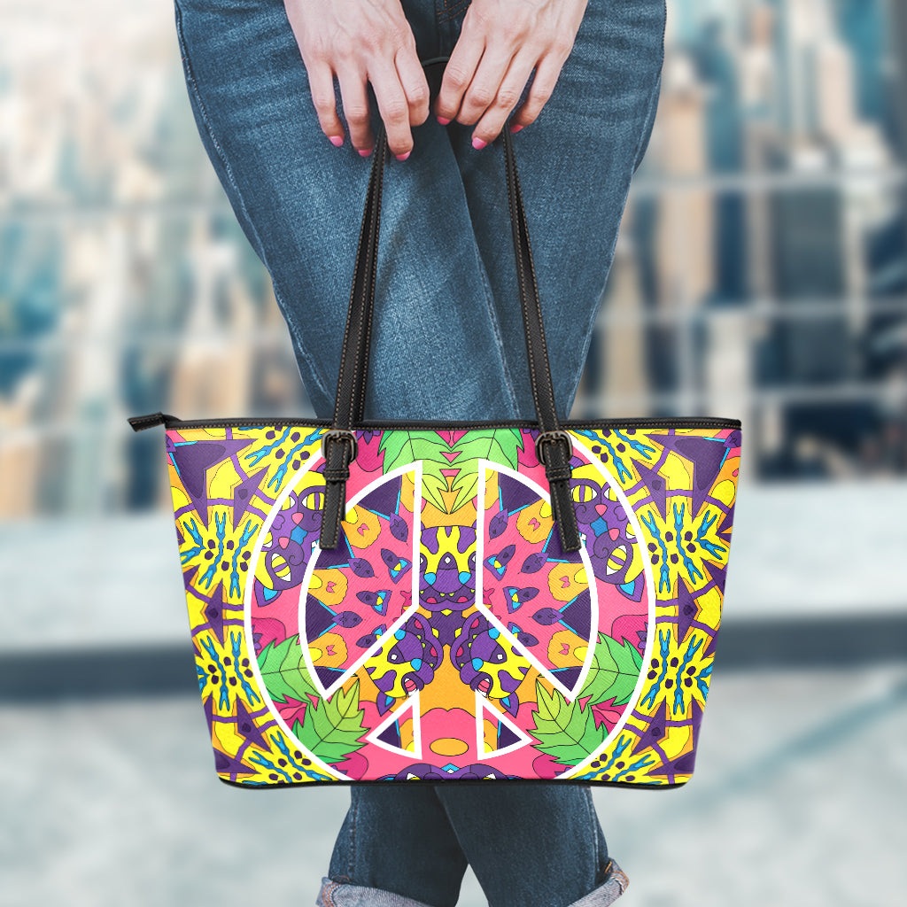 Psychedelic Hippie Peace Sign Print Leather Tote Bag