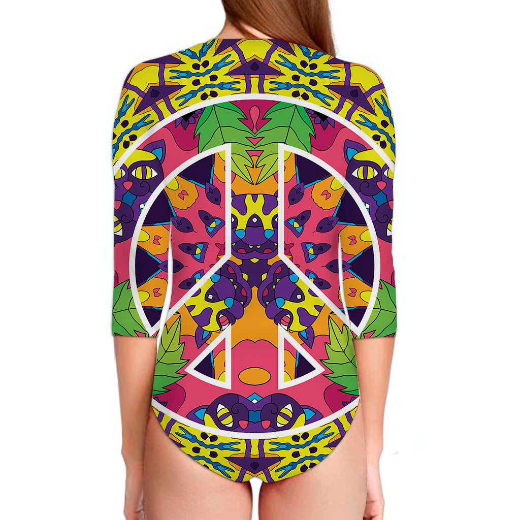 Psychedelic Hippie Peace Sign Print Long Sleeve Swimsuit