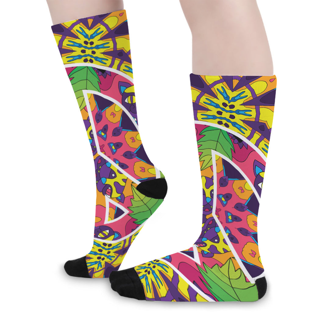 Psychedelic Hippie Peace Sign Print Long Socks