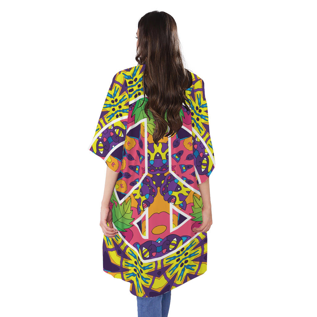 Psychedelic Hippie Peace Sign Print Open Front Beach Cover Up