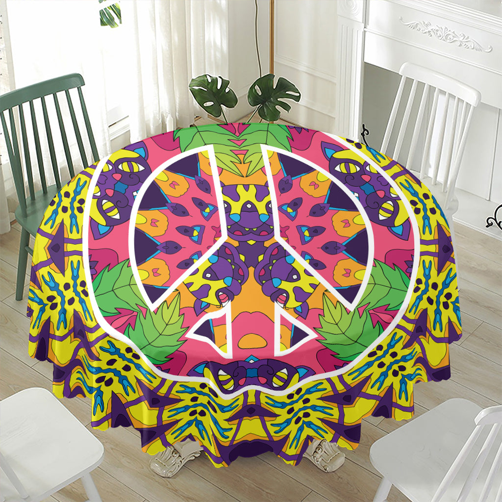 Psychedelic Hippie Peace Sign Print Waterproof Round Tablecloth