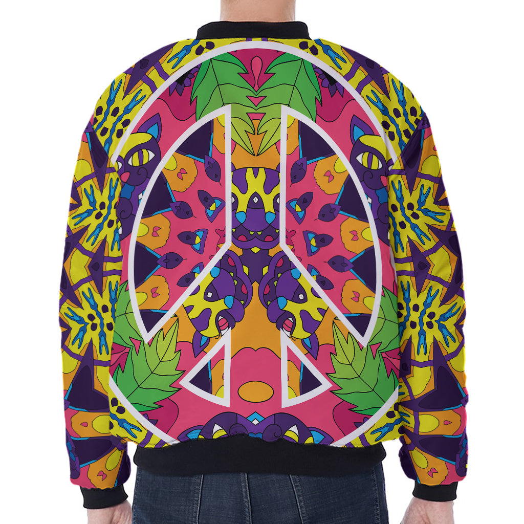 Psychedelic Hippie Peace Sign Print Zip Sleeve Bomber Jacket