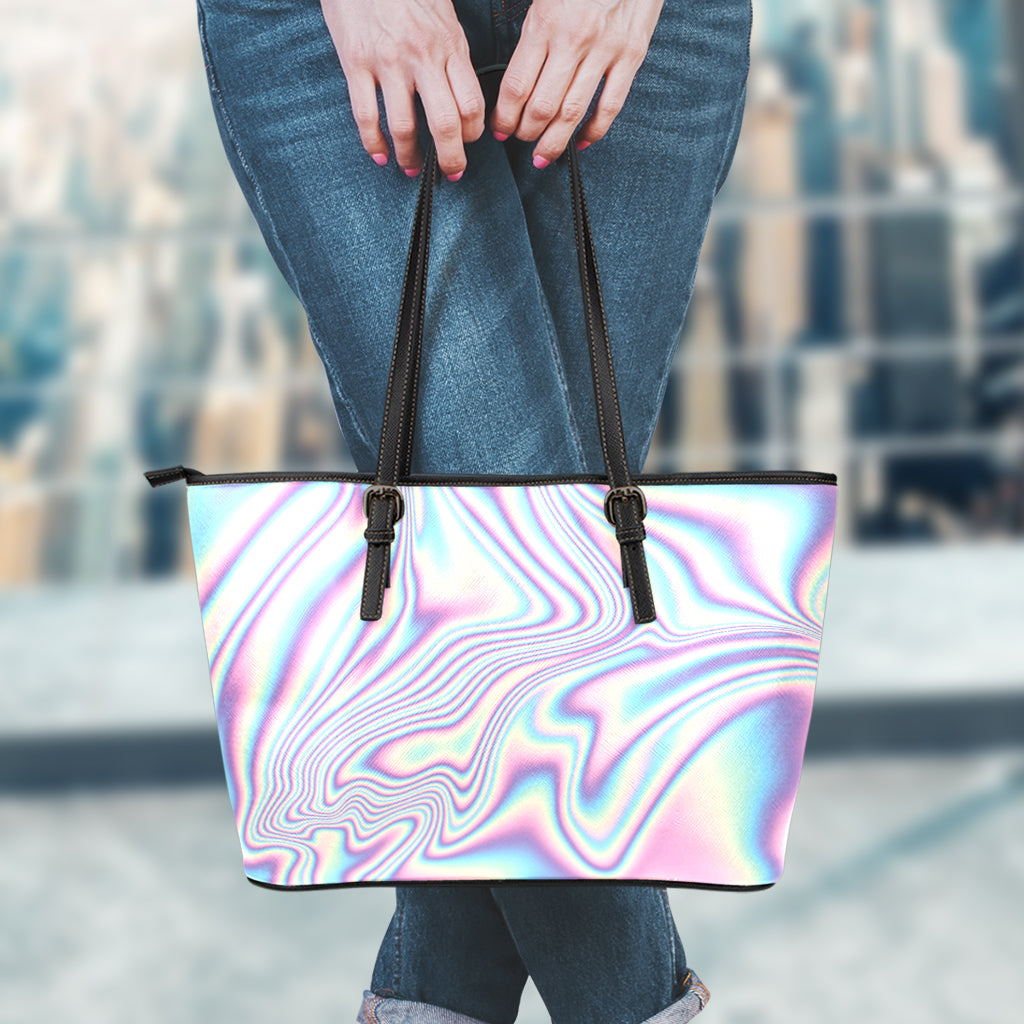 Psychedelic Holographic Print Leather Tote Bag