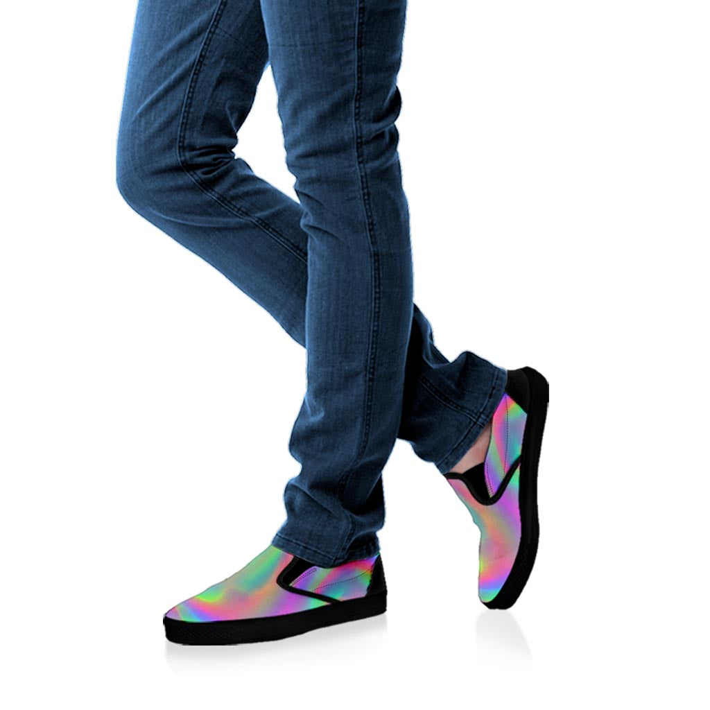 Psychedelic Holographic Trippy Print Black Slip On Sneakers