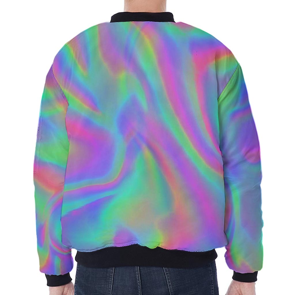Psychedelic Holographic Trippy Print Zip Sleeve Bomber Jacket