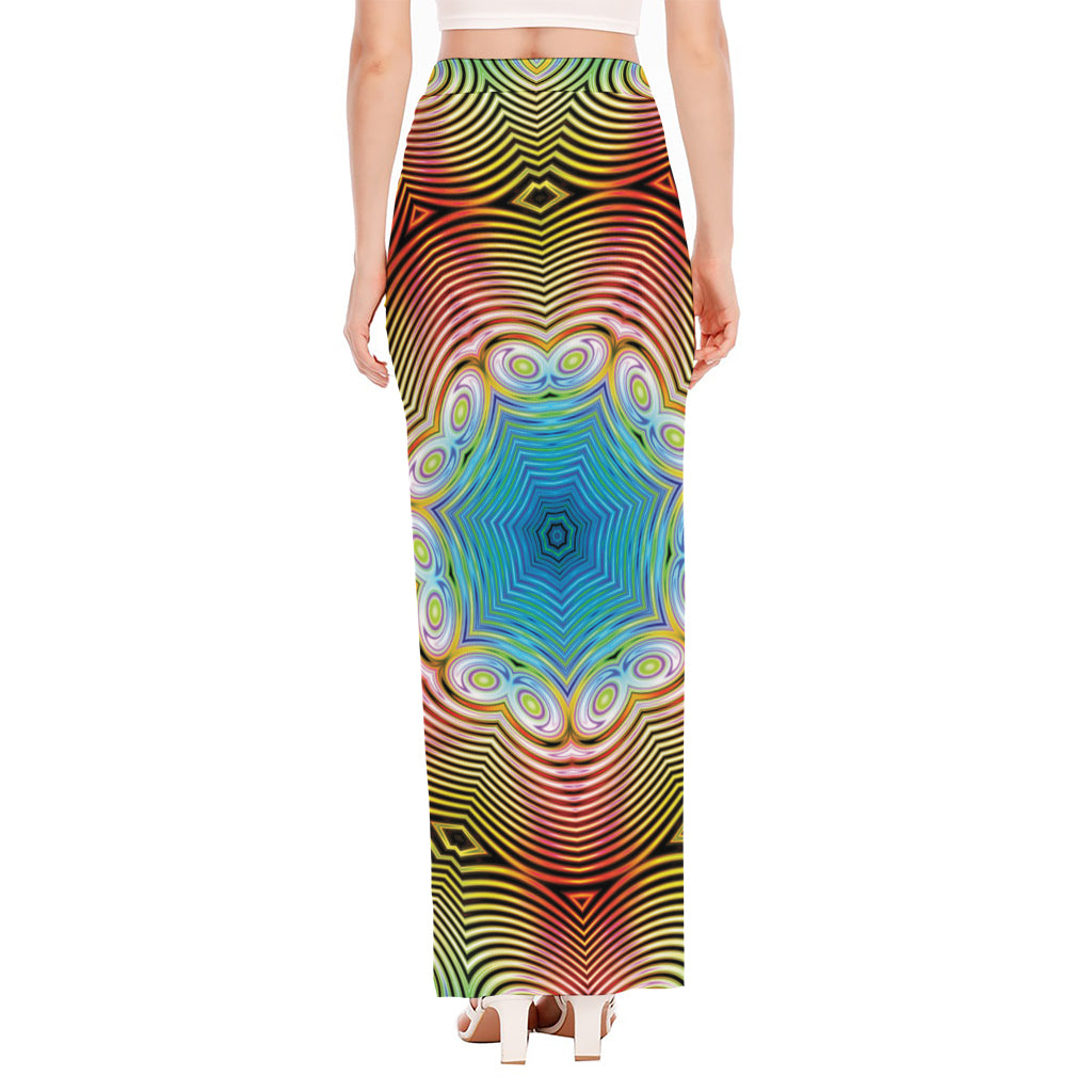 Psychedelic Kaleidoscope Print High Slit Maxi Skirt