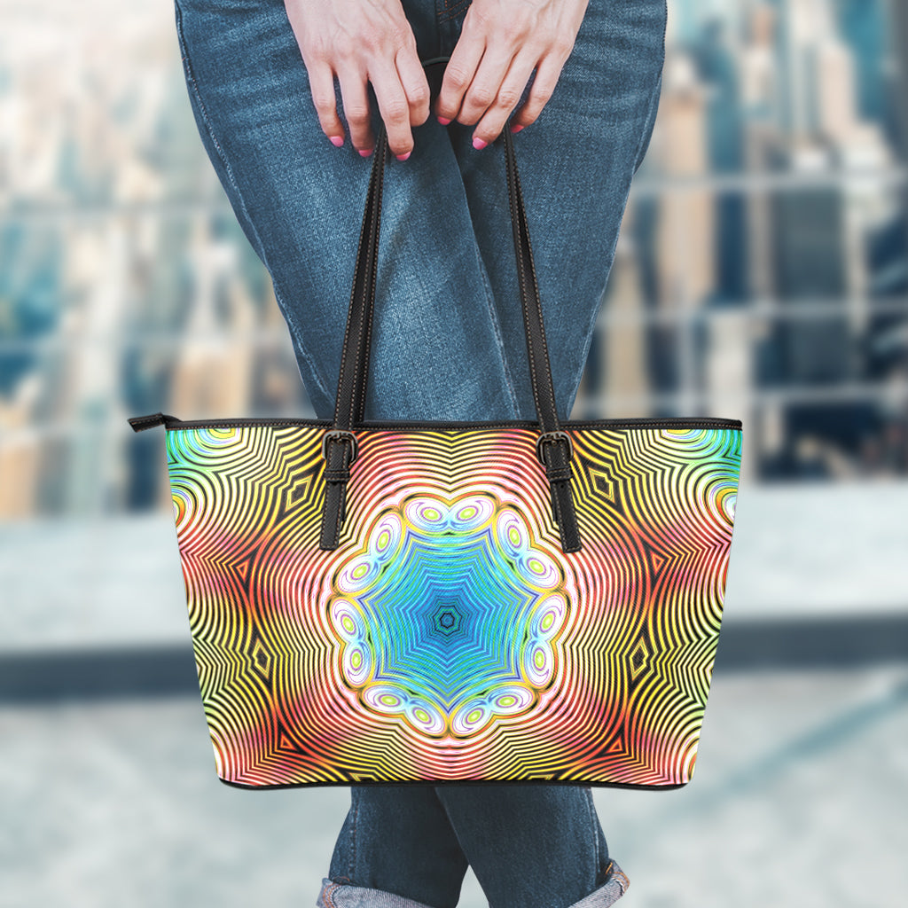 Psychedelic Kaleidoscope Print Leather Tote Bag