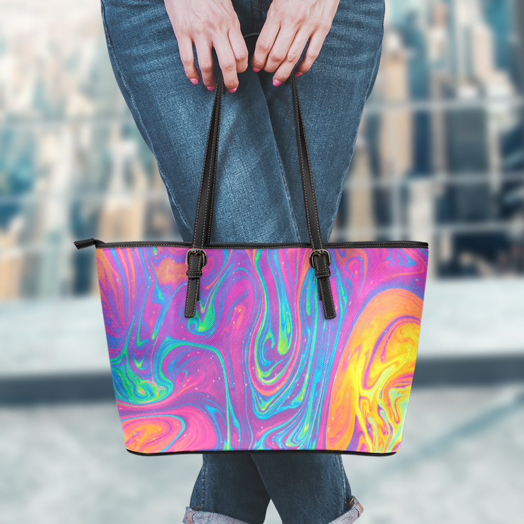 Psychedelic Liquid Print Leather Tote Bag
