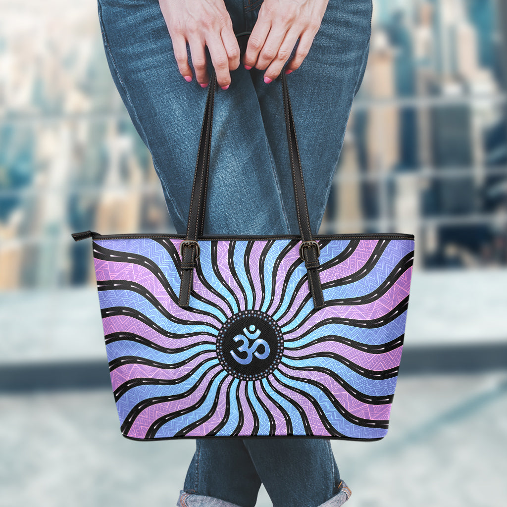 Psychedelic Om Print Leather Tote Bag