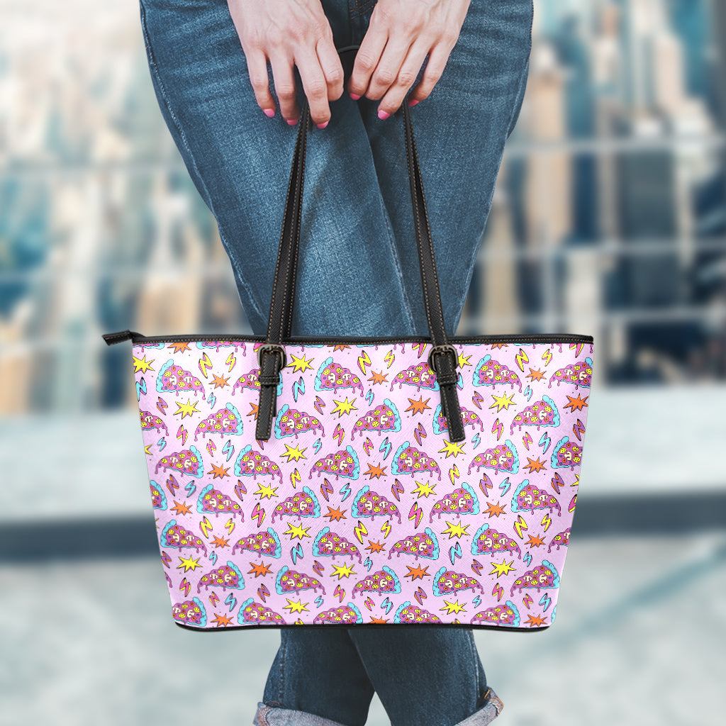 Psychedelic Pizza Pattern Print Leather Tote Bag