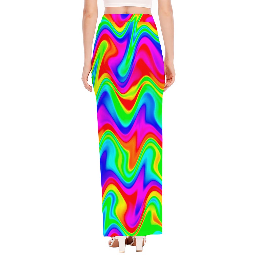 Psychedelic Rainbow Trippy Print High Slit Maxi Skirt