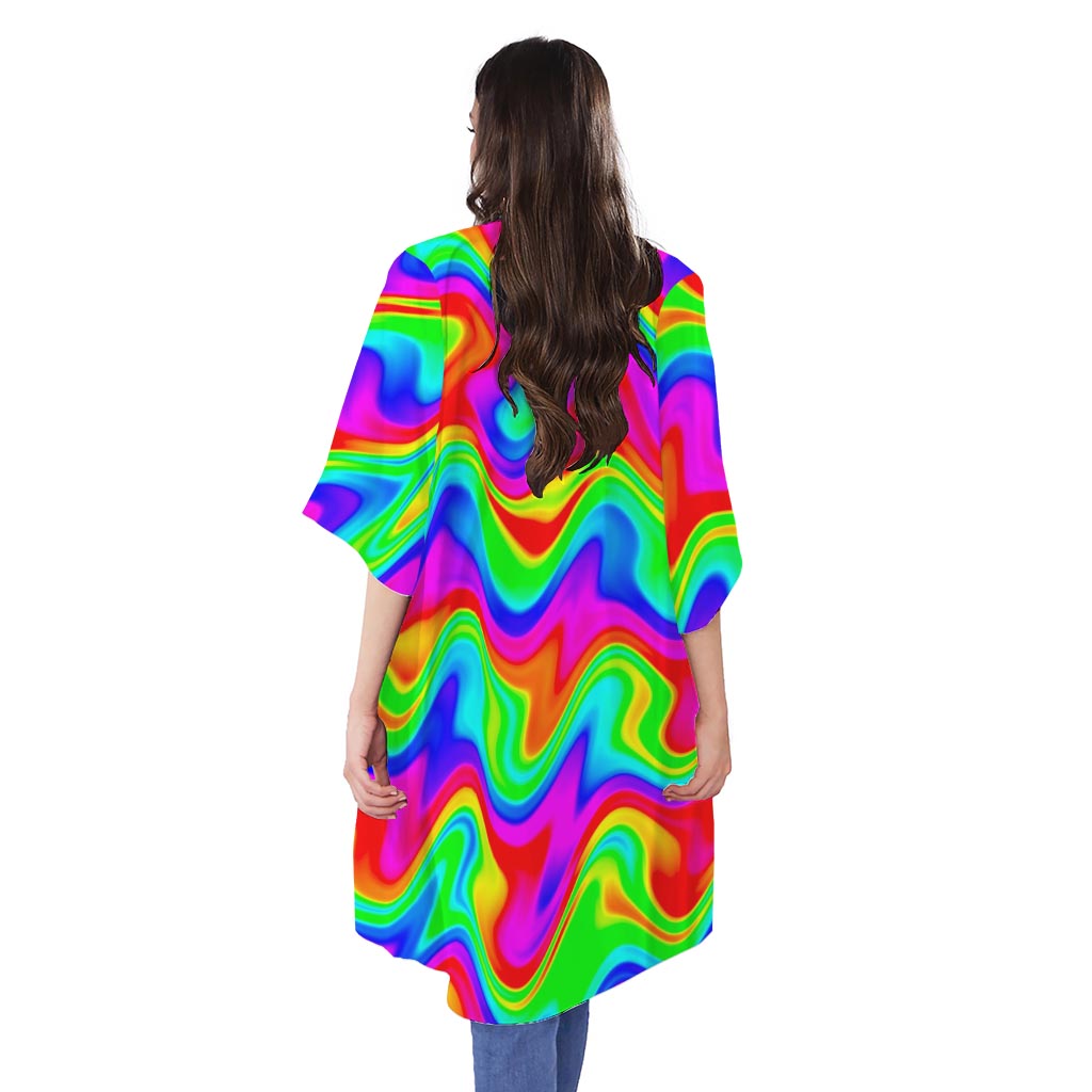 Psychedelic Rainbow Trippy Print Open Front Beach Cover Up
