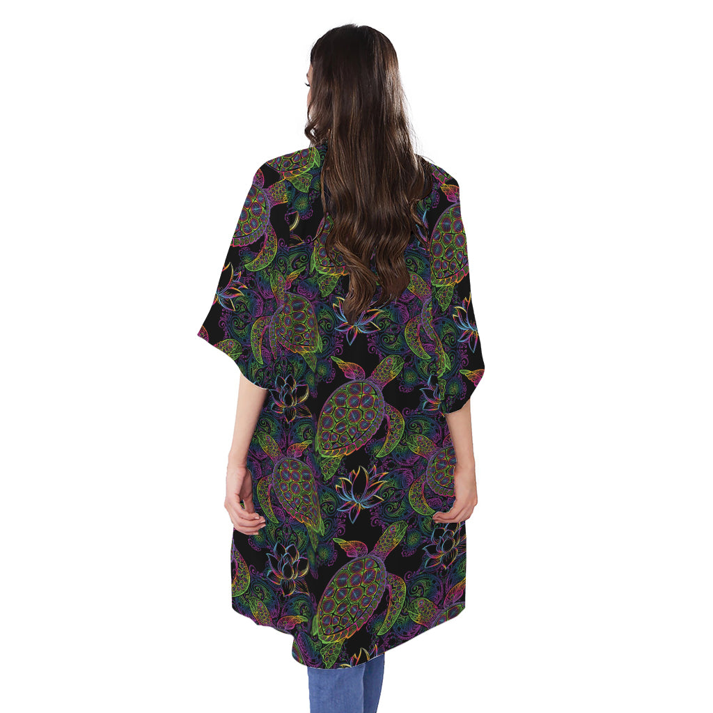 Psychedelic Sea Turtle Pattern Print Open Front Beach Cover Up