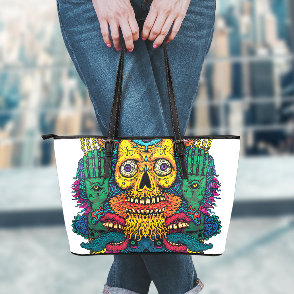 Psychedelic Skull Print Leather Tote Bag