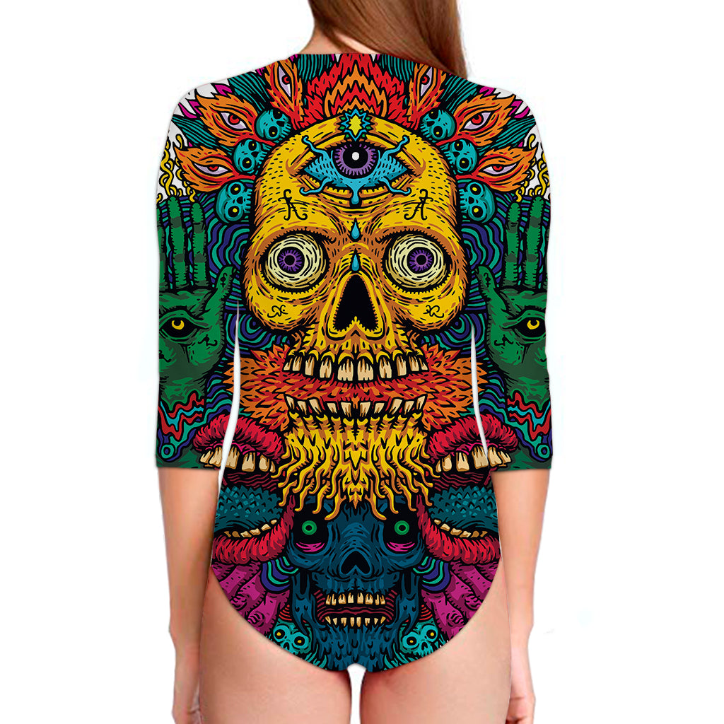 Psychedelic Skull Print Long Sleeve Swimsuit