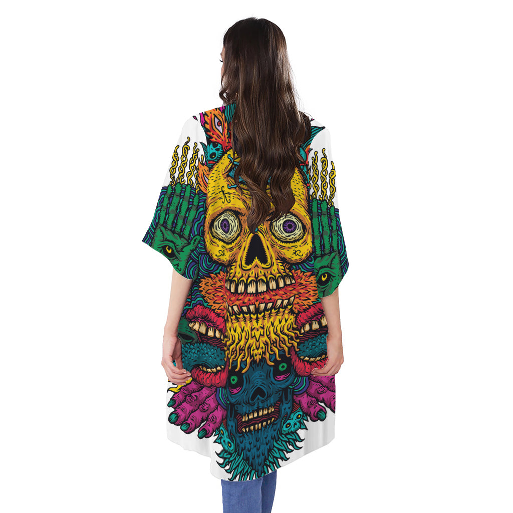 Psychedelic Skull Print Open Front Beach Cover Up