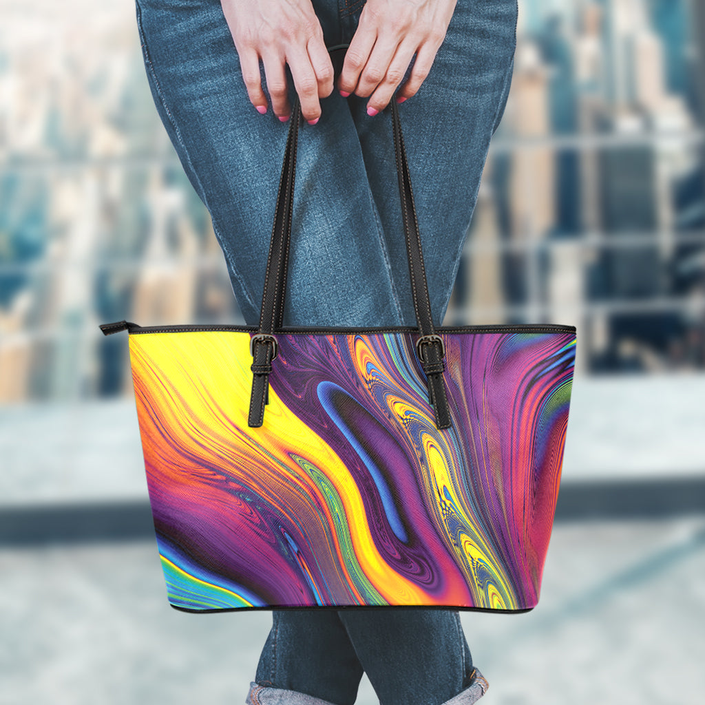 Psychedelic Trippy Fractal Print Leather Tote Bag