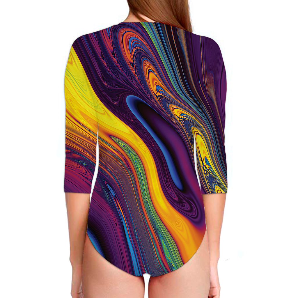 Psychedelic Trippy Fractal Print Long Sleeve Swimsuit