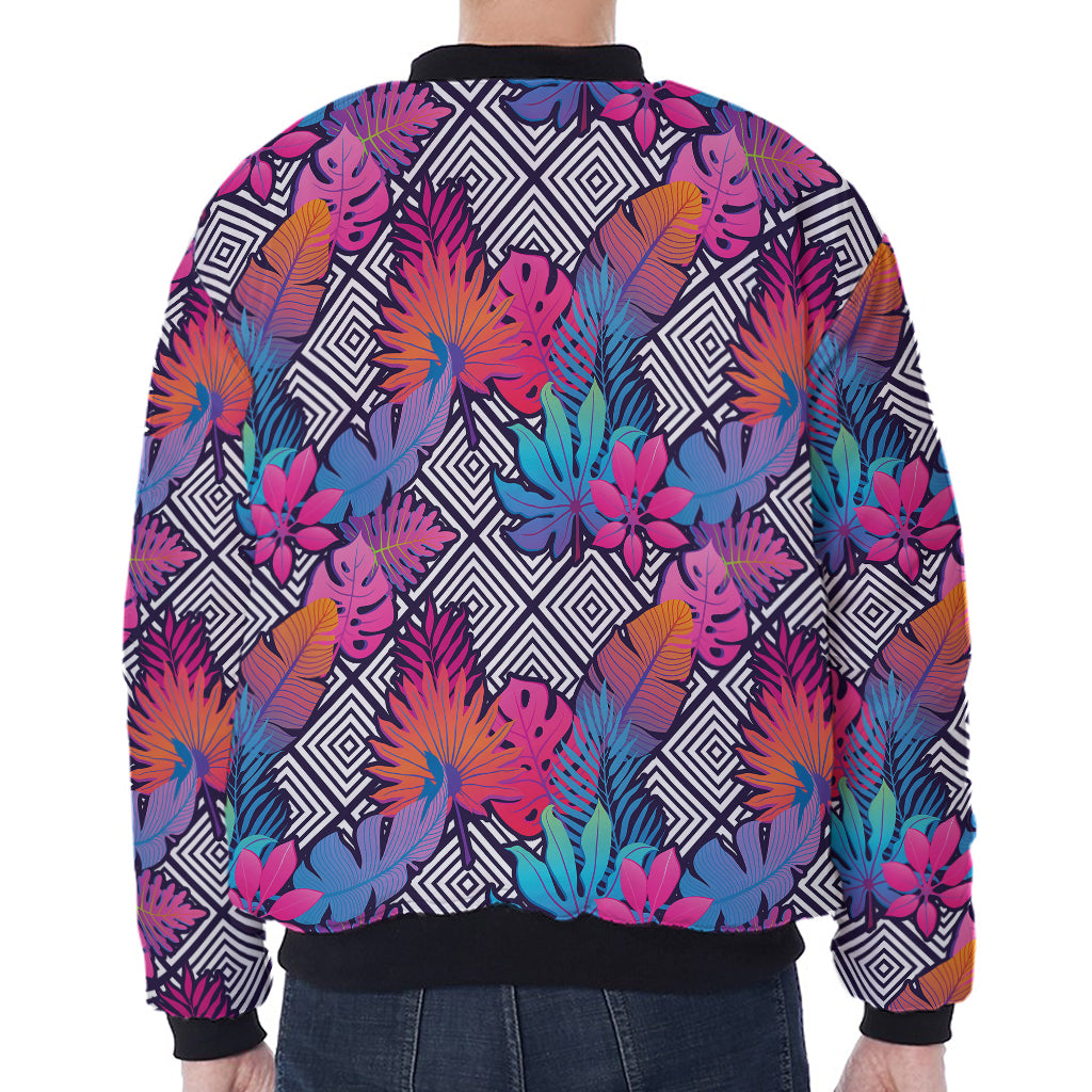 Psychedelic Tropical Aloha Pattern Print Zip Sleeve Bomber Jacket