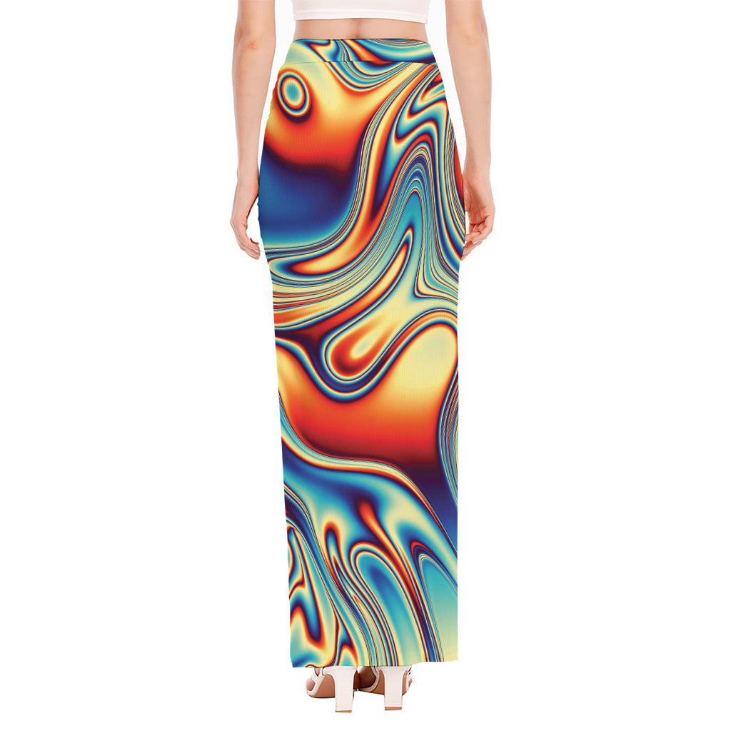 Psychedelic Wave Print High Slit Maxi Skirt