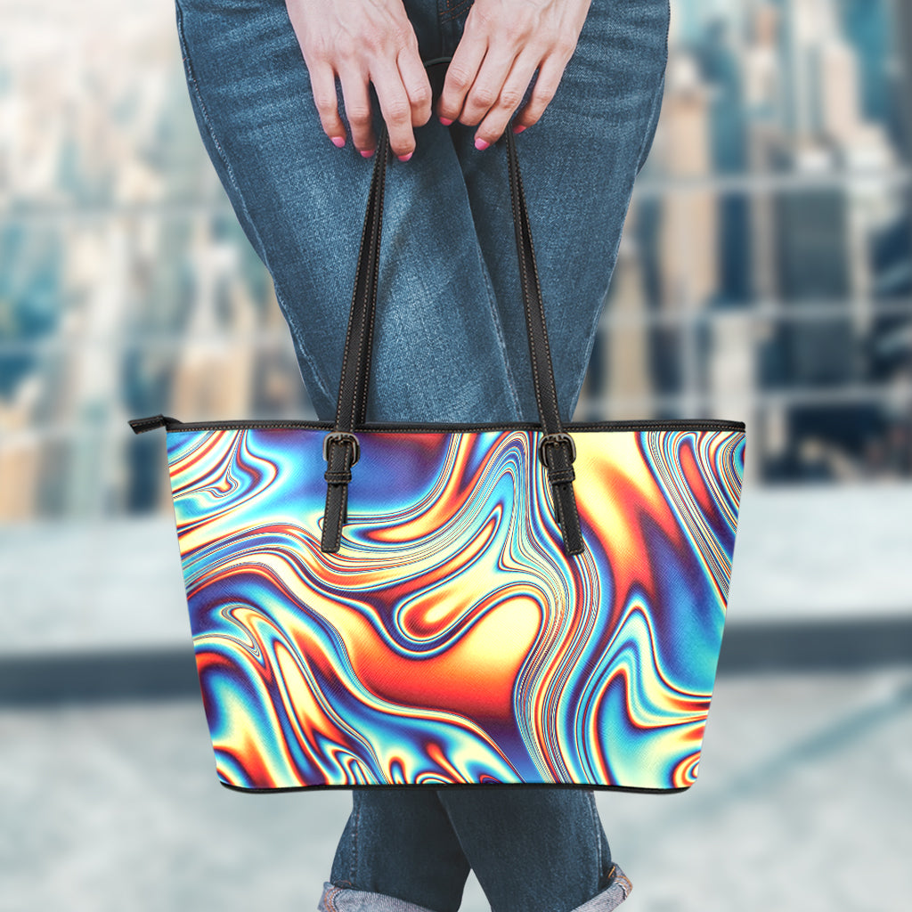 Psychedelic Wave Print Leather Tote Bag