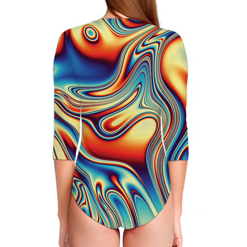 Psychedelic Wave Print Long Sleeve Swimsuit