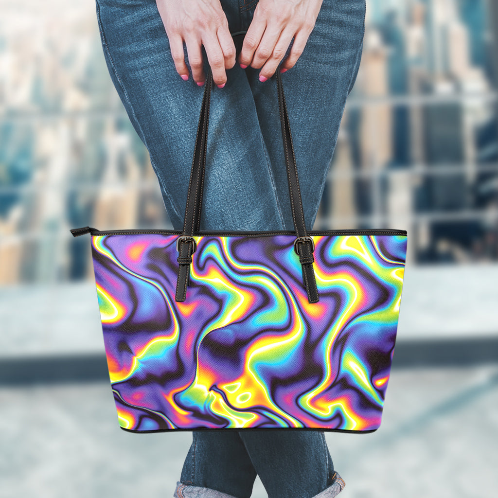 Psychedelic Wavy Print Leather Tote Bag