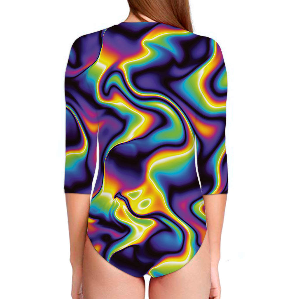 Psychedelic Wavy Print Long Sleeve Swimsuit