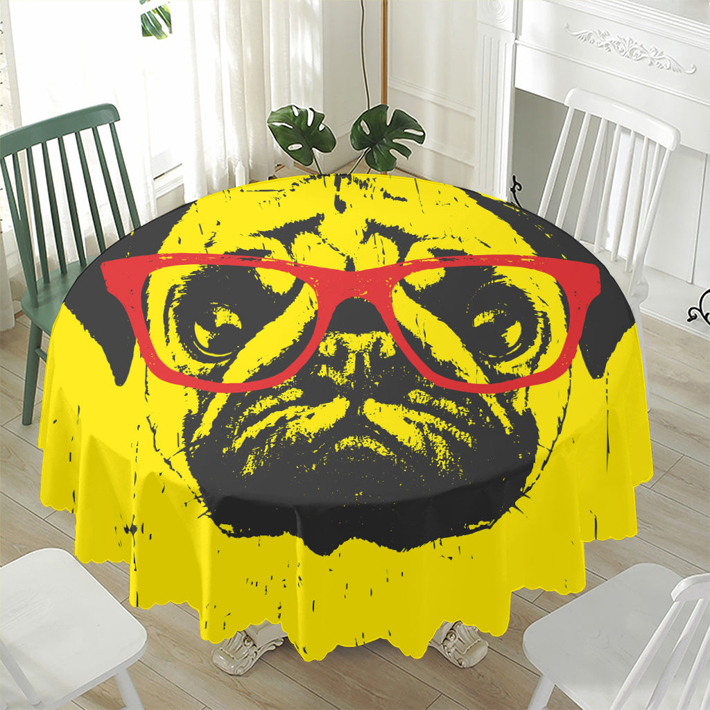 Pug With Glasses Portrait Print Waterproof Round Tablecloth