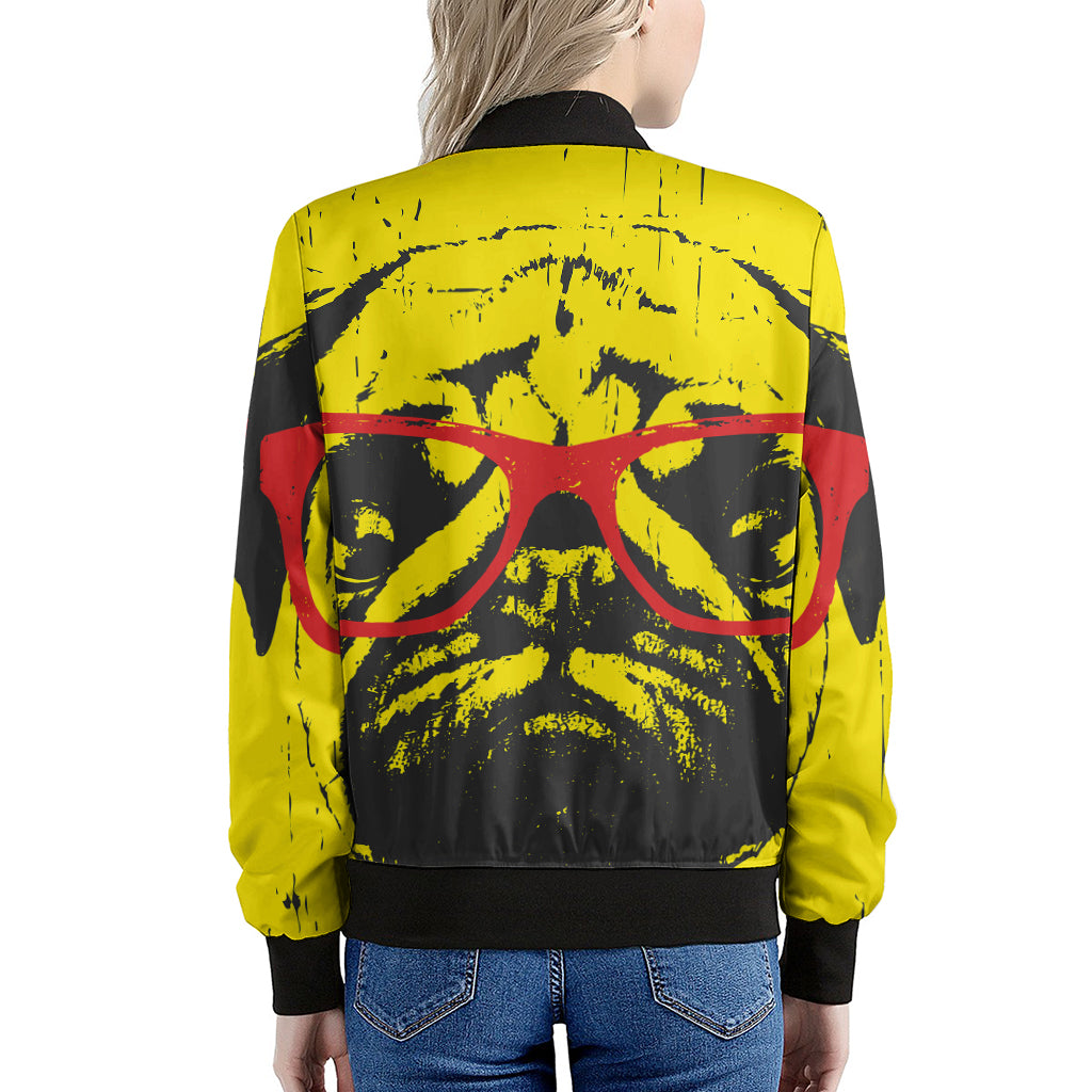 Pug With Glasses Portrait Print Women's Bomber Jacket