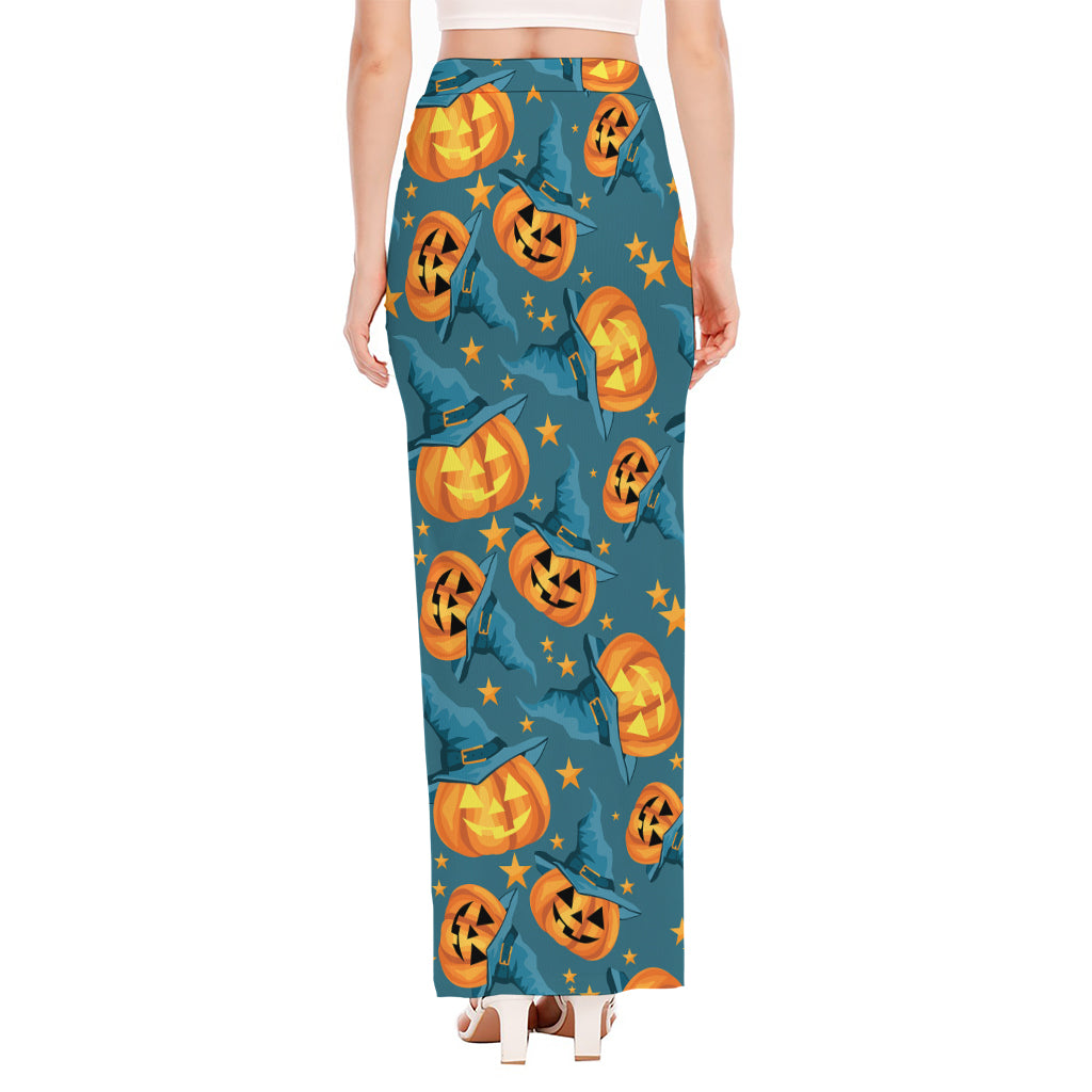 Pumpkin With Witch Hat Pattern Print High Slit Maxi Skirt