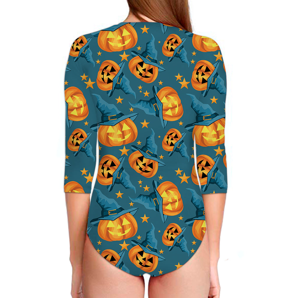 Pumpkin With Witch Hat Pattern Print Long Sleeve Swimsuit
