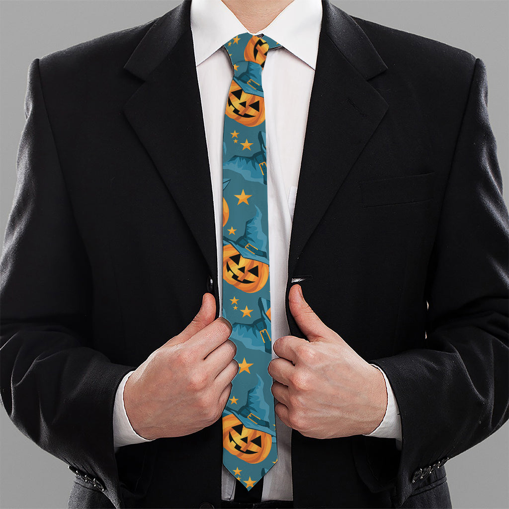 Pumpkin With Witch Hat Pattern Print Necktie