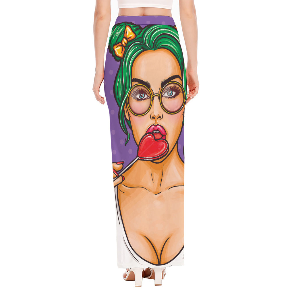 Punk Girl And Lollipop Print High Slit Maxi Skirt