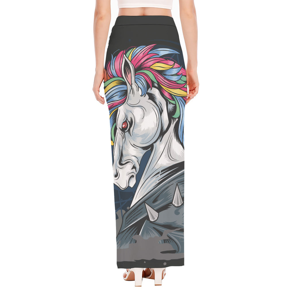 Punk Unicorn Print High Slit Maxi Skirt