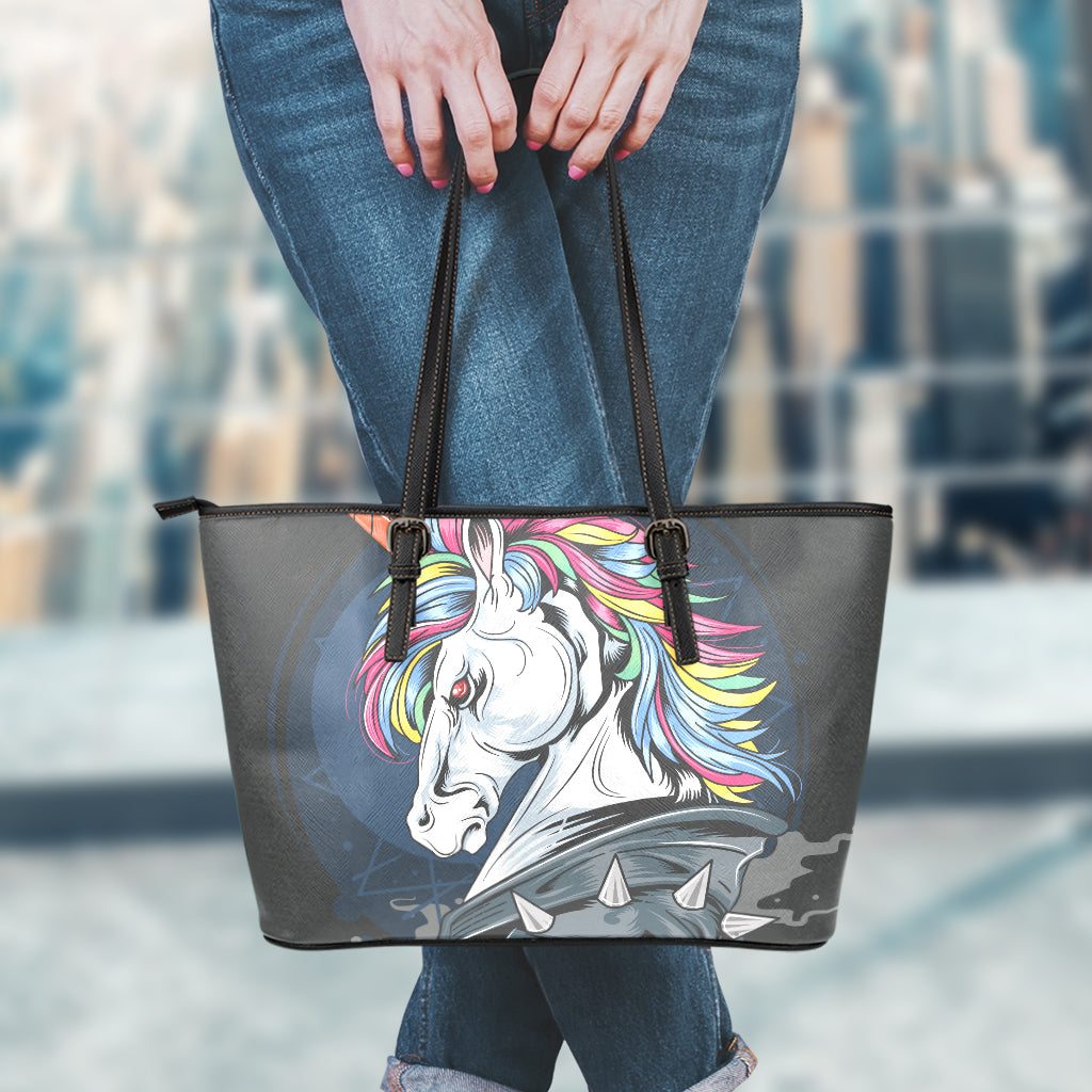 Punk Unicorn Print Leather Tote Bag