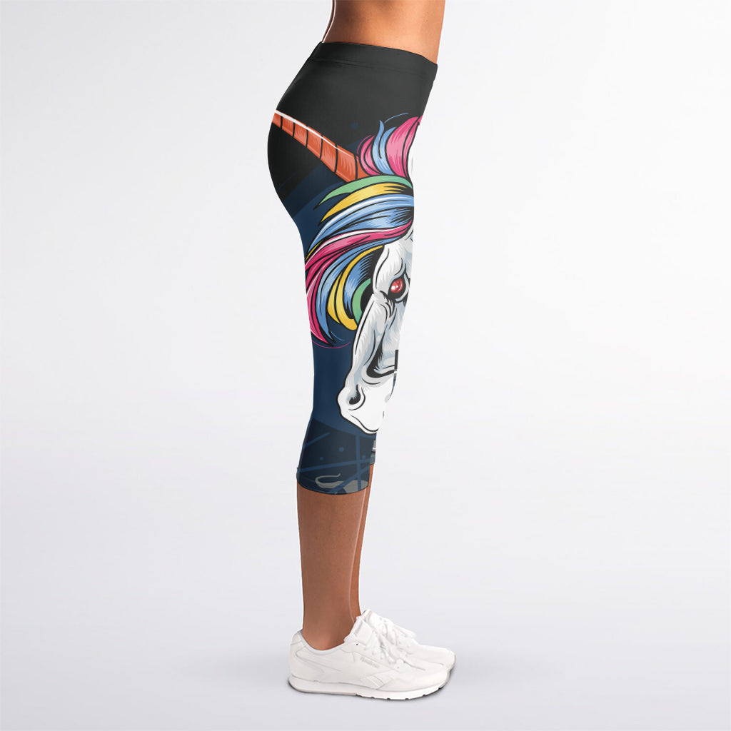 Punk Unicorn Print Women's Capri Leggings
