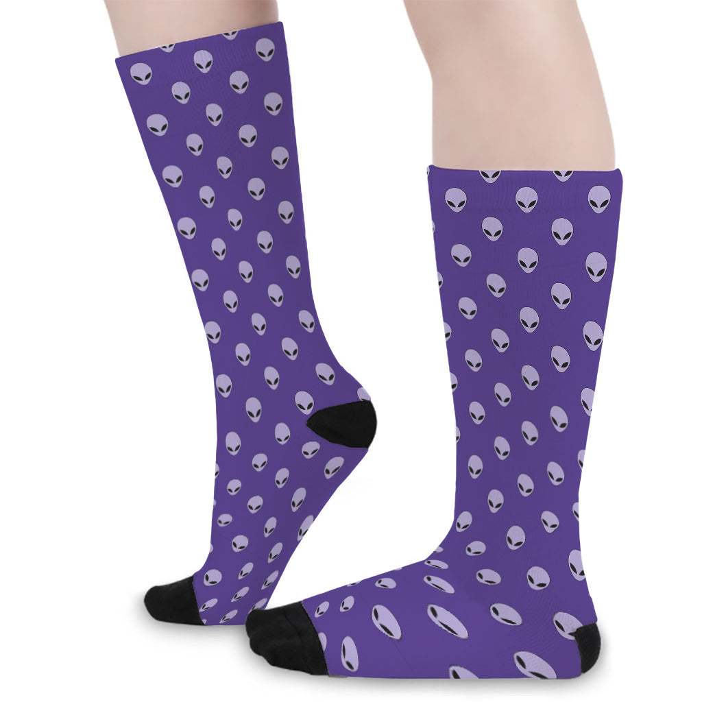 Purple Alien Face Pattern Print Long Socks