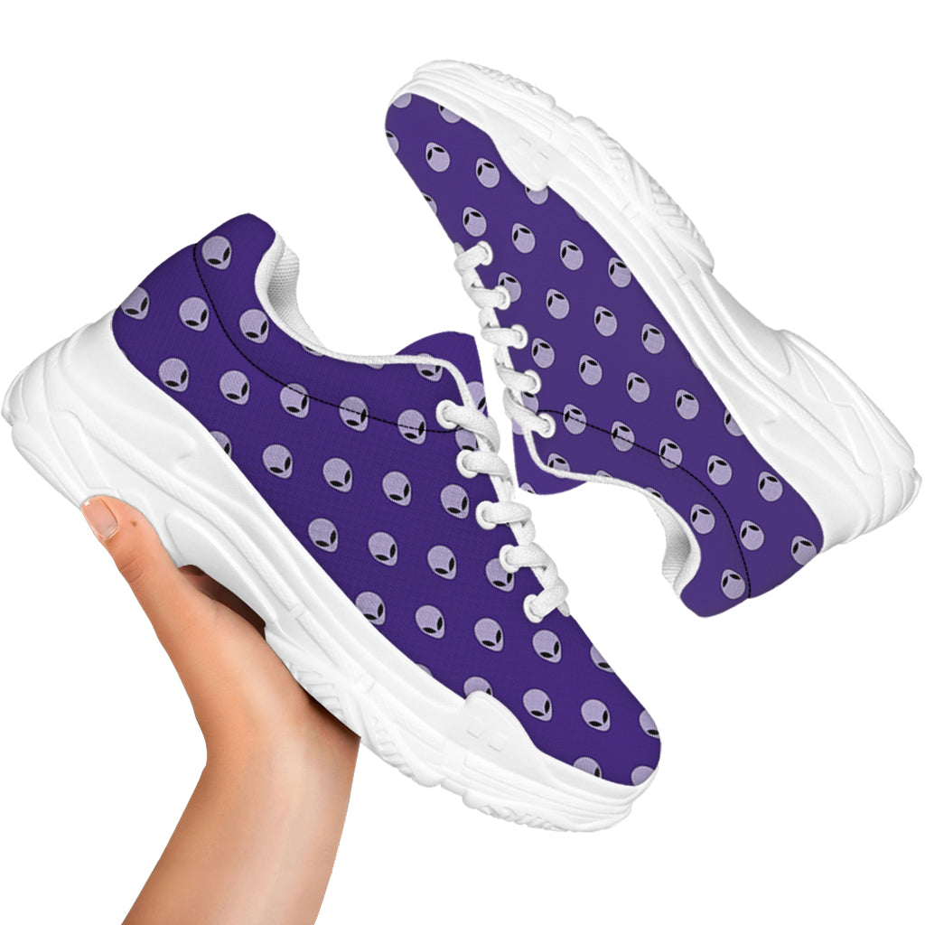 Purple Alien Face Pattern Print White Chunky Shoes