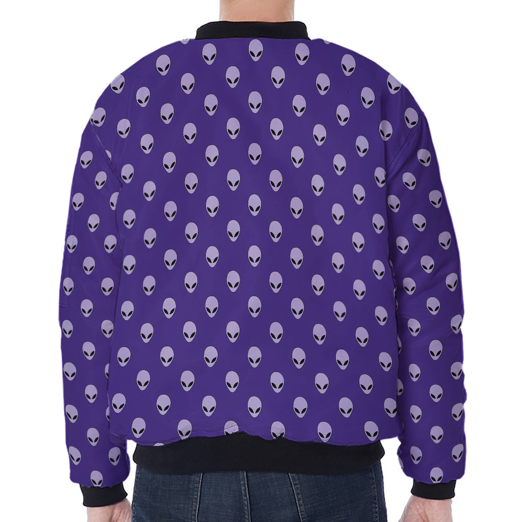 Purple Alien Face Pattern Print Zip Sleeve Bomber Jacket